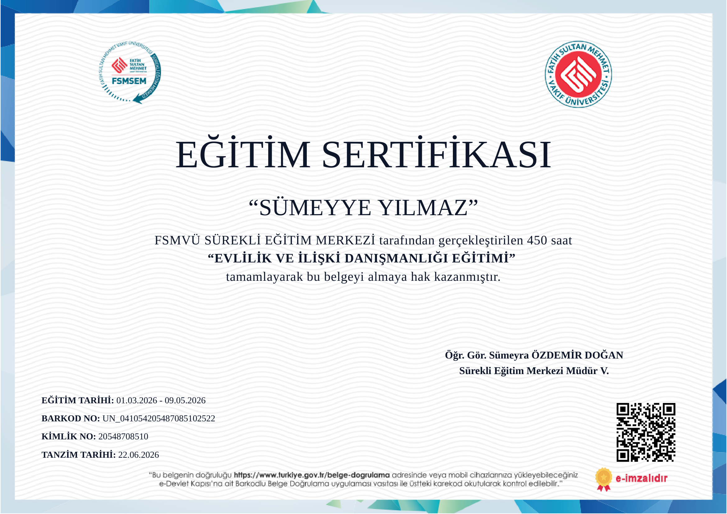 Sümeyye Yılmaz FSMVÜ Evlilik ve İlişki Danışmanlığı Sertifikası